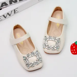 Ballerines Mary Jane en cuir verni beige pour filles avec boucle carrée en cristal étincelant