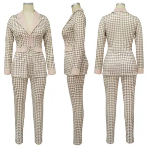 Conjunto de 2 piezas de pata de gallo con blazer de cuello chal y pantalones ajustados