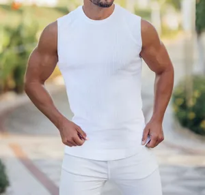 Detail view of men's white ribbed knit sleeveless tank top slim fit fitness gym vest