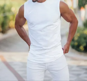 Close-up of white ribbed knit slim-fit fitness tank top for men in outdoor setting