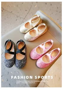 Sparkly sequin children's ballet flats with cross straps in gold, pink, and black