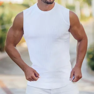 Men's slim fit white ribbed knit tank top for gym and summer outdoor activities