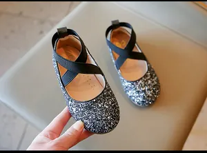 Sparkling glitter Mary Jane flats with cross elastic straps for young girls