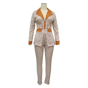 Traje de dos piezas con estampado de pata de gallo con blazer de cuello chal y pantalón