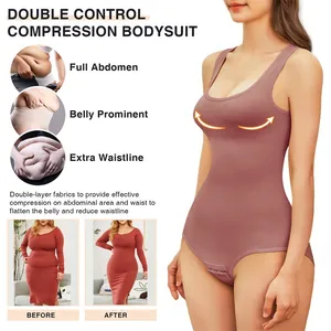 Detail of seamless compression bodysuit showing tummy control and waist reduction features