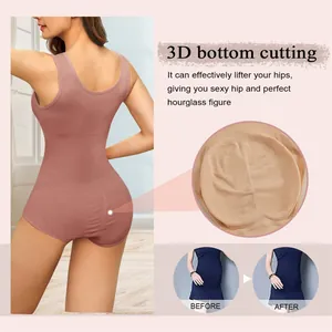 Detail of seamless shapewear bodysuit showing 3D bottom cutting and hip lifting effect.