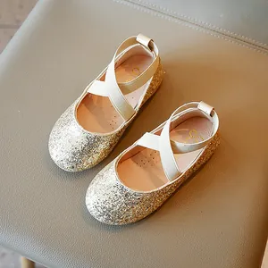 Sparkling gold glitter girls' princess shoes with cross elastic straps for dance and party