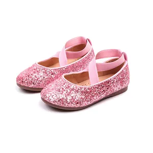 Glittery pink girls' princess Mary Jane shoes with elastic cross straps for dance performance