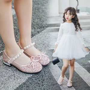 Girls Princess Leather Shoes PU Rhinestone Bow Pearl Mary Jane Flat Shoes Fashionable Wedding Party Crystal Single Shoes