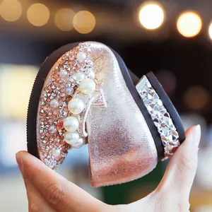 Elegant girl's rose gold rhinestone princess shoes with pearl decor and flexible sole