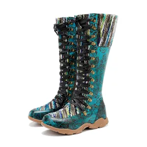 Vintage-Hohe Stiefel mit Blumenmuster, Strick-Patchwork und komfortablem Schnürdesign