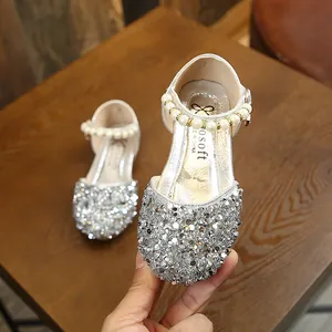 Chaussures de princesse à paillettes argentées pour filles avec lanières en perles