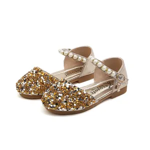 Chaussures de princesse à strass dorés pour filles avec bride en perles