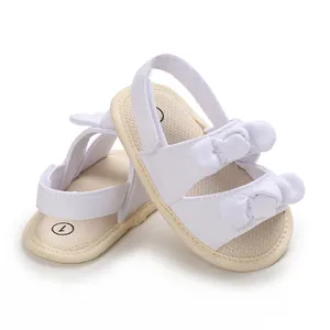 White cotton soft-sole baby pre-walker sandals with double bow design for summer
