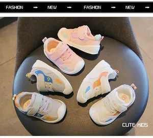 Detail showing multiple colors of breathable mesh toddler walking shoes on a stool