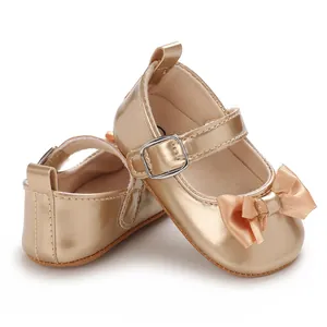 Elegant gold baby princess walking shoes with bow detail and soft anti-slip sole