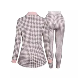 Conjunto de traje 2 piezas para mujer con estampado pata de gallo rosa y pantalón de moda