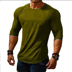 Close-up front view of a men's olive green slim-fit round neck long-sleeve T-shirt