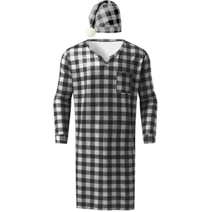 Herren Buffalo Plaid Print Nachthemd Und Mütze Set Langarm Henley V-Ausschnitt Pyjama Lose Komfort Schlafanzug Loungewear