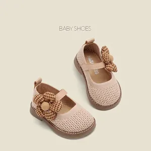 Baby Girls Flyknit Princess Shoes Korean Style Soft Sole Toddler First Walker Shoes With Houndstooth Flower Hook And Loop Breathable Flat Shoes