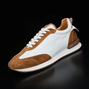 Baskets de Jogging Rétro Japonaises en Cuir de Vachette pour Hommes Blocage de Couleur Noir et Blanc Augmentation Taille Chaussures Sport
