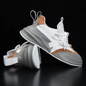 Herren-Chunky-Sneaker aus echtem Leder in Weiß Grau und Braun mit dicker Plateausohle
