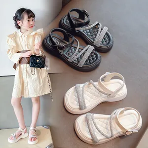 Little Girls Fashion Roman Sandals Summer Rhinestone Strappy Open Toe Beach Shoes Soft Sole Casual Sandals For Middle Big Kids