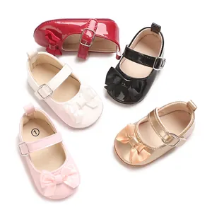 Assorted colors of baby girl bow princess shoes in shiny PU leather for infant walkers