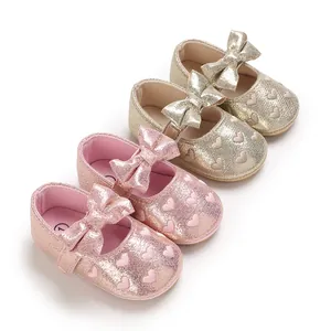 Baby Girl First Walker Shoes Cotton Princess Bow Shoes Heart Embroidery Glitter Non-Slip Soft Sole Mary Jane Shoes