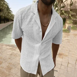 Detailed close-up showing the hollow-out zigzag pattern of this white men's knit shirt