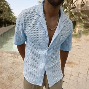 Detail showing the light blue hollow knit texture on this men's slim fit summer shirt.