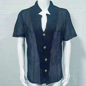 Men's black hollow-out crochet knit shirt with short sleeves and button-down front.