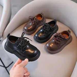 Kinder Jongens Britse Stijl Leren Schoenen Effen Kleur Casual Vetersluiting Formele Nette Schoenen Voor Peuters