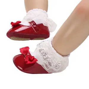 Red patent leather baby girl princess shoes with bow and lace socks for infant walking