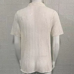 Back view of a white men's short-sleeved hollow-out knit polo shirt with zigzag pattern texture