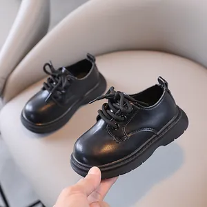 Klassieke zwarte leren kinderschoenen Oxford met dikke antislipzolen voor jongens