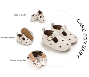Soft white PU leather baby pre-walker shoes featuring star cutouts and non-slip outsoles