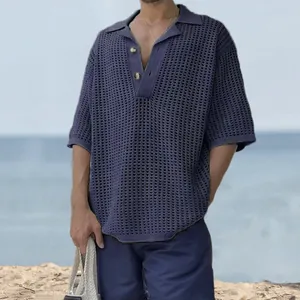Close-up of a men's purple hollow knit polo shirt for a casual summer beach look