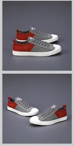 Détail de baskets en toile patchwork rouge et gris pour hommes avec semelles blanches