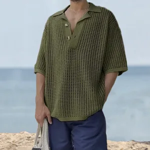 Detail view of men's olive green hollow-out knit polo shirt for summer