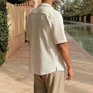 Stylish men's cream zig-zag hollow-out knitted short sleeve shirt for summer resort