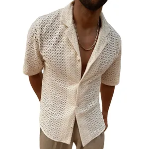 Men's hollow-out knit shirt with short sleeves and lapel collar in solid beige color
