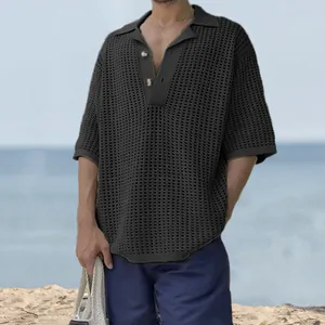 Close-up of a men's hollow knit polo shirt with mesh texture and lapel collar detail
