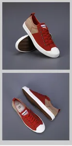 Vues détaillées des baskets en toile rouge et beige pour hommes avec embouts blancs.