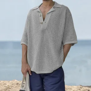 Mens hollow-out knit polo shirt with lapel collar in casual summer beach style