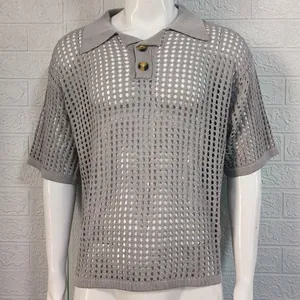 Detailed view of grey mesh knit polo shirt with hollow-out pattern and lapel collar