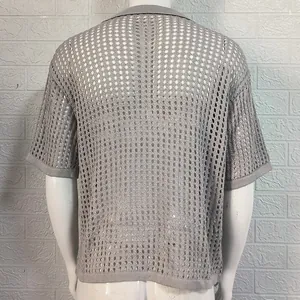 Back view detail of a grey open-knit short sleeve polo shirt for men with mesh pattern