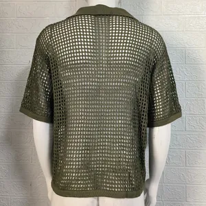 Back view of men's olive green mesh hollow knit shirt with short sleeves and lapel