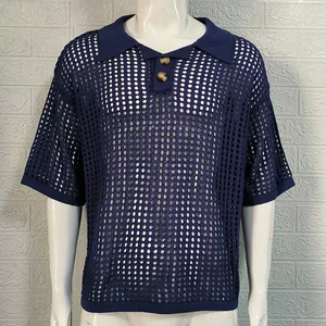 Men's navy blue hollow-out knit polo shirt with stylish mesh texture and loose fit design