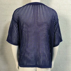 Detailed view of the navy blue hollow-out knit mesh fabric texture for men's shirts